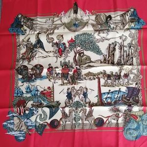 Hermes Red, White and Blue Illustrated Silk Scarf